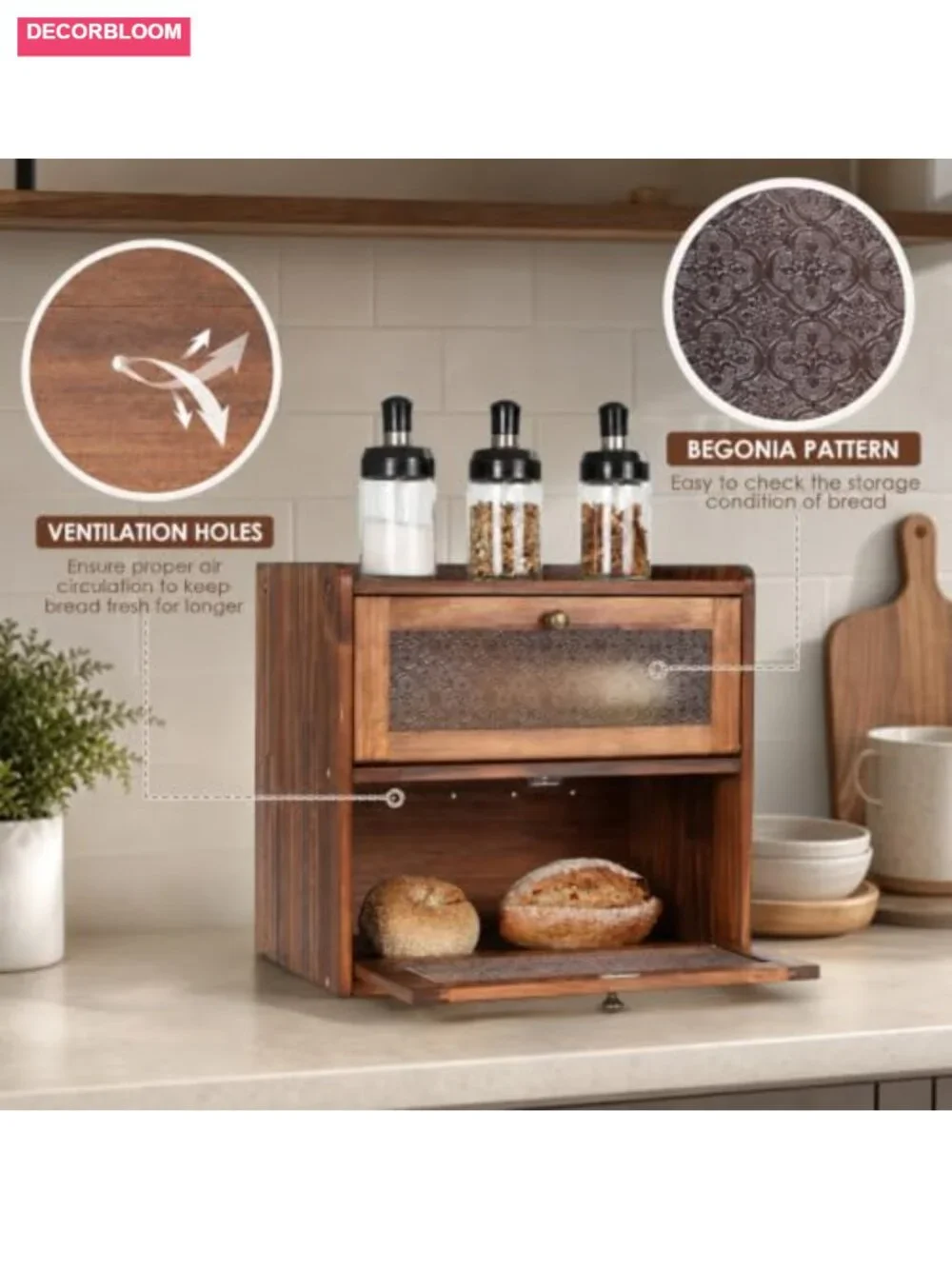 Large Pine Wood Bread Box with Magnetic Doors and Air Vents